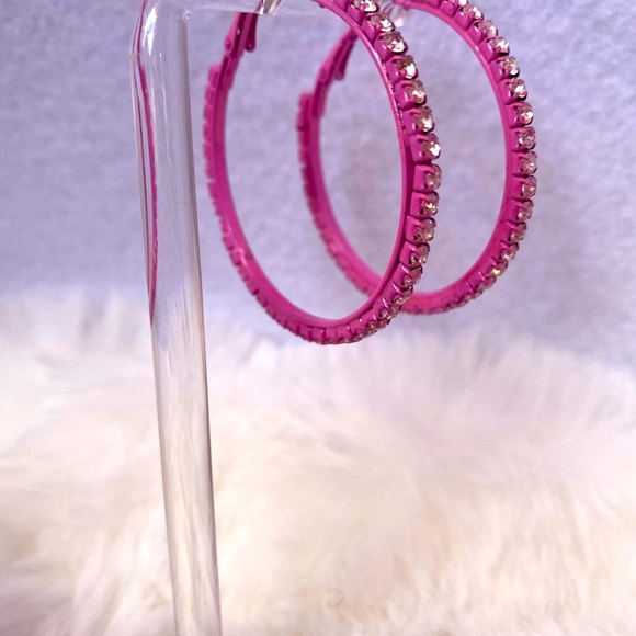 Glamorous Pink Rhinestone Hoop Earrings Barbiecore  1.5 inches brand new - Picture 4 of 13